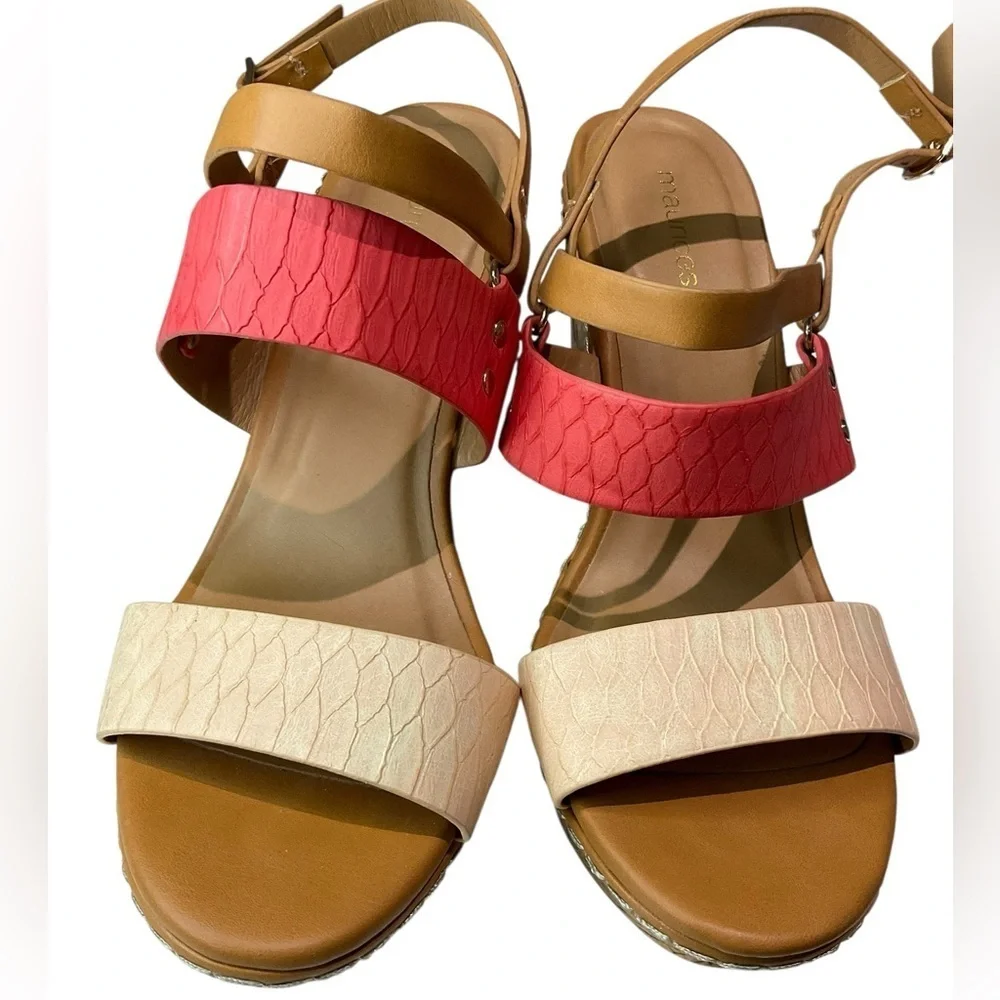 Maurices Tan and Coral Wedge Sandals Size 8